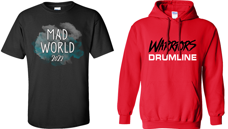 Black T-shirt with Mad World artwork and Red Hoodie with Warriors Drumline artwork